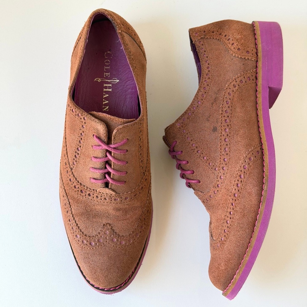 Cole Haan Wingtip Oxfords Womens 6 Brown Suede Brogue Lace Up Shoes Preppy Work